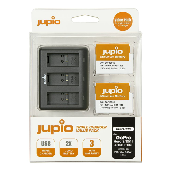 Jupio utángyártott akciókamera akku töltő szett GoPro Hero9/10/11 Enduro AHDBT-901 1730MAH 2 db akkumulátor + tripla töltő 03